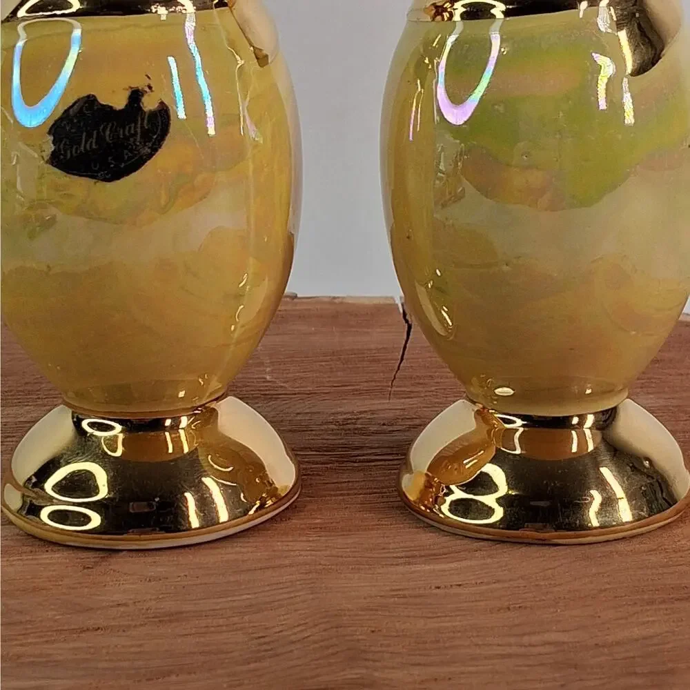 Vintage Gold Craft Yellow Lusterware Salt & Pepper Shakers 22-karat Gold Accents